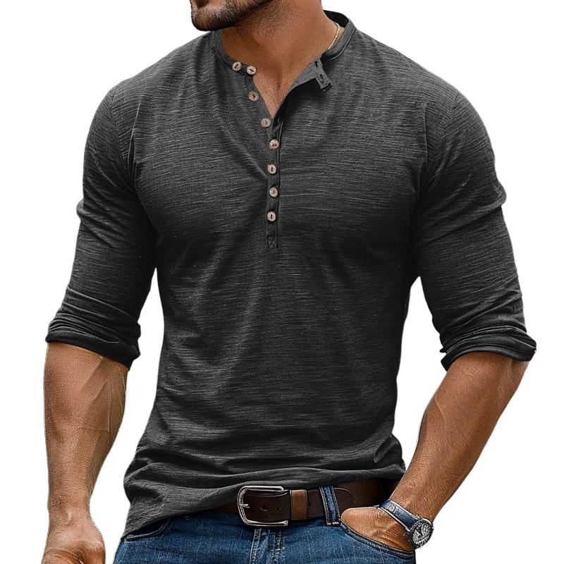 T-shirt casual da uomo con colletto Henley multi-bottone e maniche lunghe 48759130Y