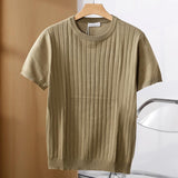 Men's Solid Color Striped Round Neck Short Sleeve Knit T-shirt 09033199Z