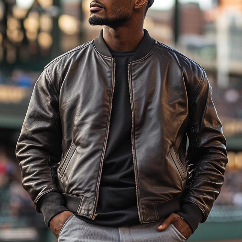 Men's Casual Leather Baseball Jacket 06989896F