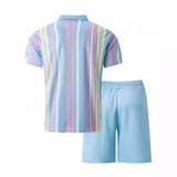 Men's Striped Print Short Sleeve Polo Shirt and Shorts Set 68148622Y