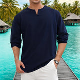 Men's Retro Casual Solid Color Small V Neck Long Sleeve T-shirt 53094656TO