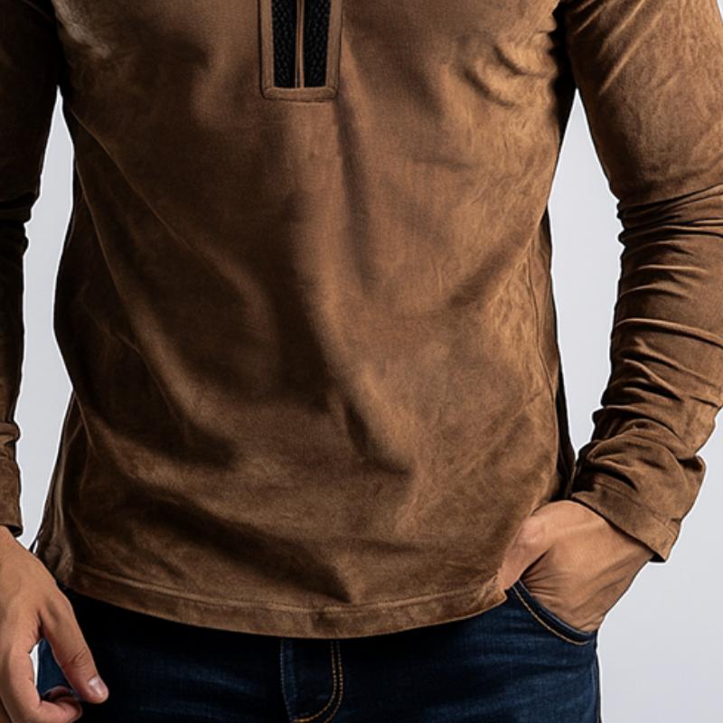 Men's Classic Casual Stitching Leather Stand Collar Suede Long Sleeve POLO Shirt 03510079K