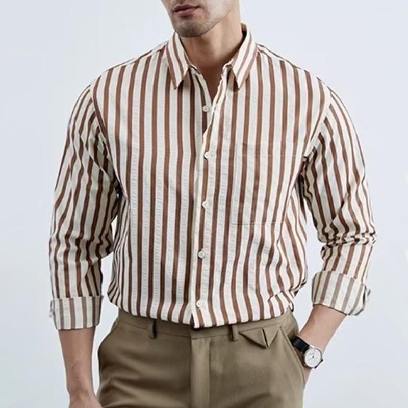 Men's Striped Lapel Long Sleeve Single Breasted Casual Shirt 05514519Z