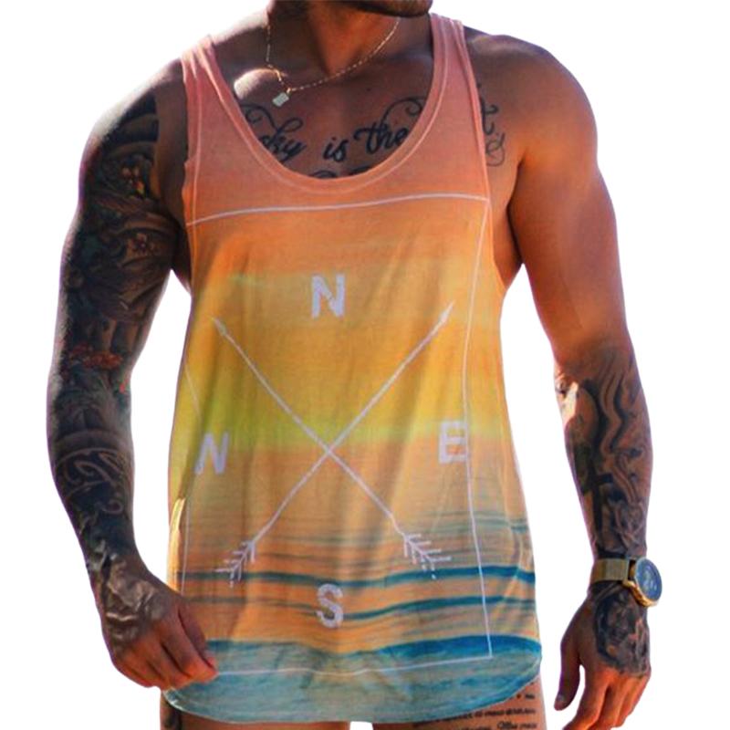 Men's Casual Compass Gradient Round Neck Tank Top 84659175TO