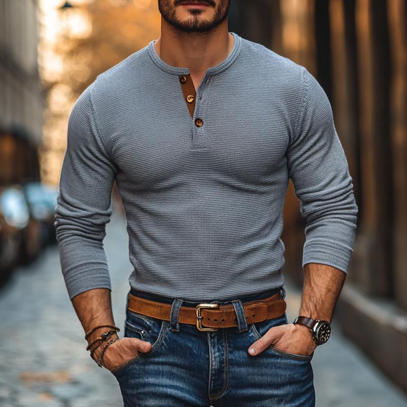 Men's Casual Waffle Henley Neck Slim Fit Long Sleeve T-Shirt 09898913M