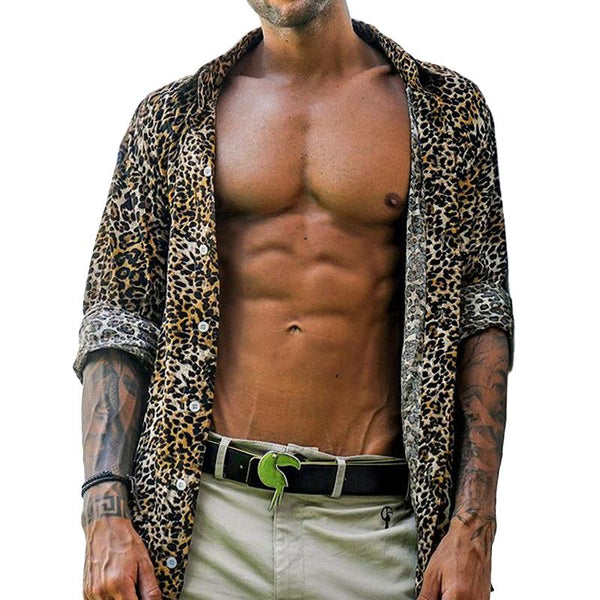 Men's Leopard Lapel Loose Long Sleeve Casual Shirt 88024849Z
