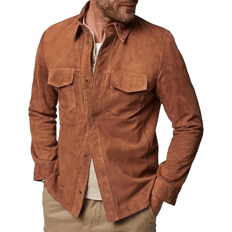 Men's Solid Color Suede Lapel Single Breasted Shirt Jacket 07952239Z