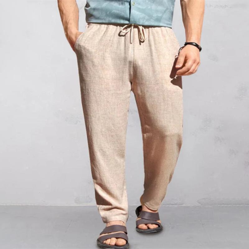 Men's Solid Color Cotton And Linen Loose Elastic Waist Casual Pants 43076262Z