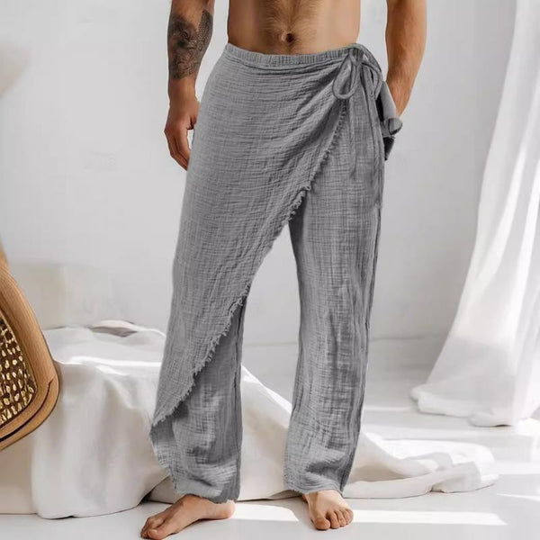 Men's Casual Linen Asymmetric Lace-Up Pants 15764668Y