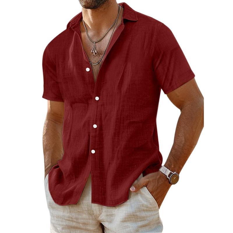 Men's Casual Cotton Linen Solid Color Lapel Slim Short Sleeve Shirt 40996443M