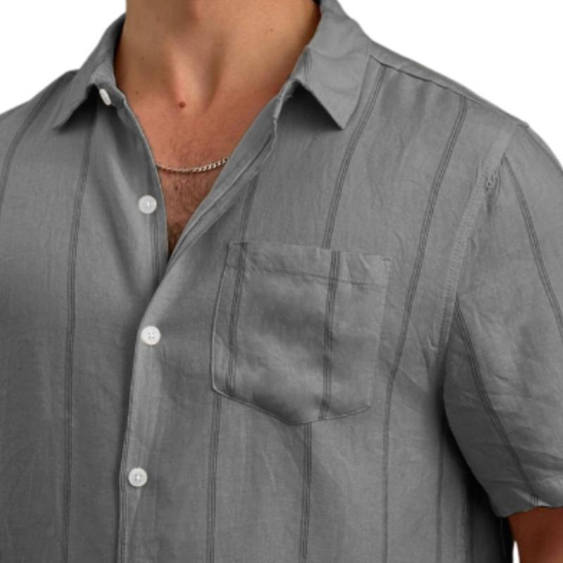 Men's Casual Stripe Print Lapel Patch Pocket Slim Fit Short Sleeve Shirt 55989152M