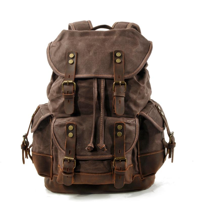 Mochila de lona vintage para hombre con múltiples bolsillos y costuras de cuero para exteriores 19083234Y