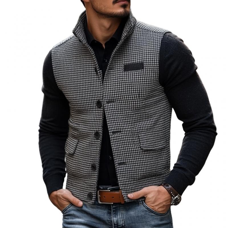 Men's Casual Stand Collar Houndstooth Single Breasted Vest 78854237M