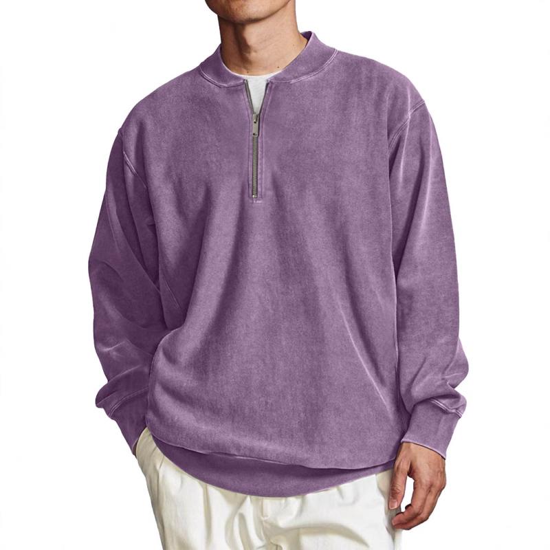 Men's Solid Color Zip Collar Long Sleeve Loose Sweatshirt 06084541Z