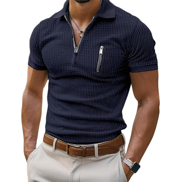 Men's Solid Color Waffle Zipper Lapel Short-Sleeved Polo Shirt 30801322Y