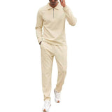 Men's Casual Jacquard Zipper Lapel Long Sleeve Polo Shirt Sports Pants Set 22827630M