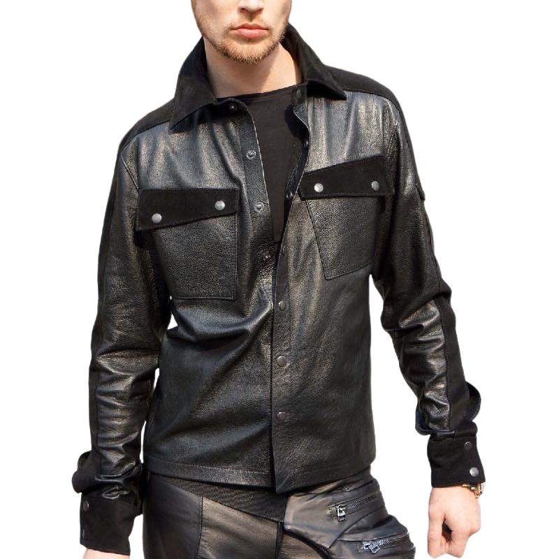 Men's Classic Leather Lapel Long Sleeve Shirt 44087978F