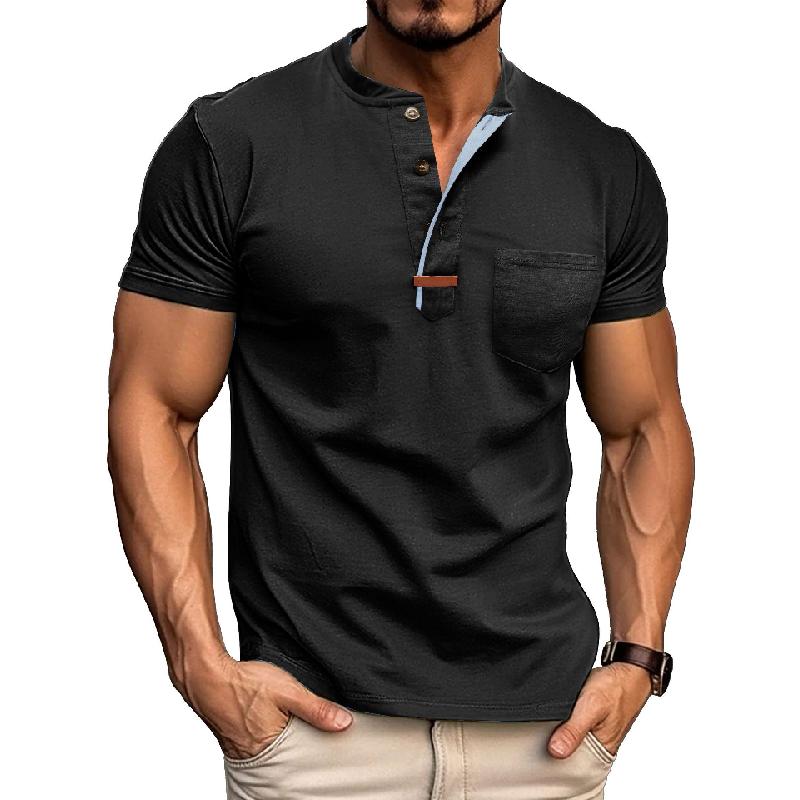 Men's Casual Cotton Colorblock Henley Collar Slim Fit Short Sleeve T-Shirt 51632378M