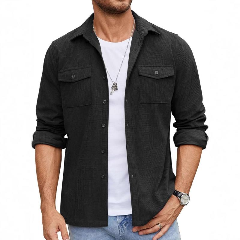 Men's Casual Waffle Lapel Flap Pocket Loose Long Sleeve Shirt 21356321M