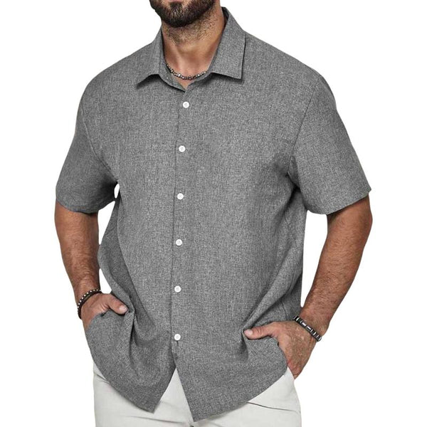 Men's Casual Cotton Linen Blend Lapel Short-sleeved Shirt 26153443M