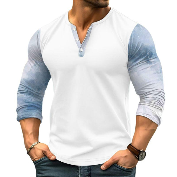 Men's Printed Stitching Henley Collar Long Sleeve T-shirt 78580971Z