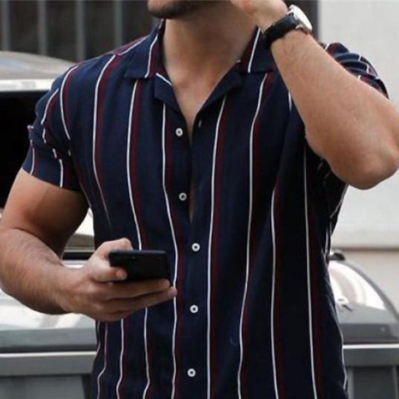 Men's Casual Striped Printed Lapel Short Sleeve Shirt 45752854Y