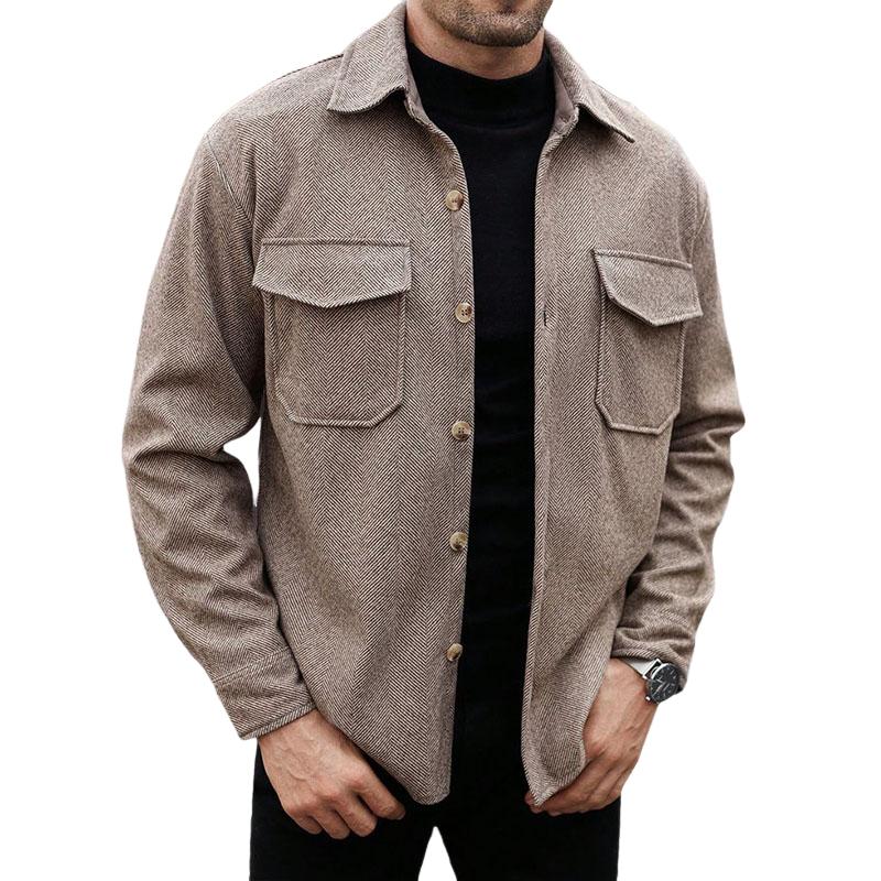 Men's Casual Herringbone Pattern Lapel Loose Chest Pocket Shirt 19600523M