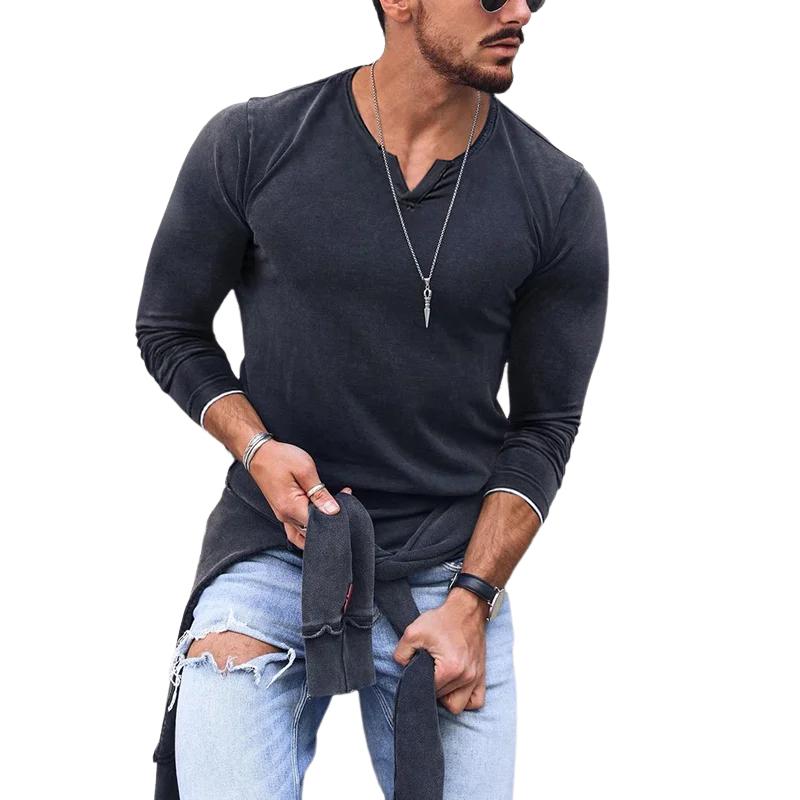 Men's Casual Cotton Blended V Neck Colorblock Long Sleeve T-shirt 69412914M