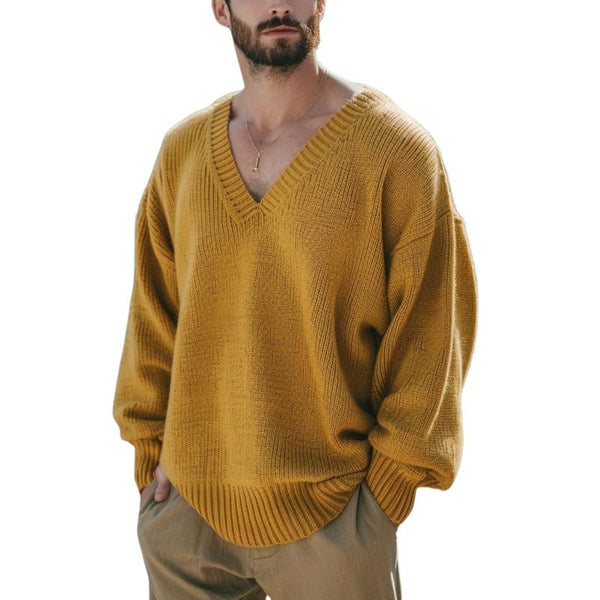 Men's Casual Loose Solid Color Knit V-Neck Sweater 24370912Y