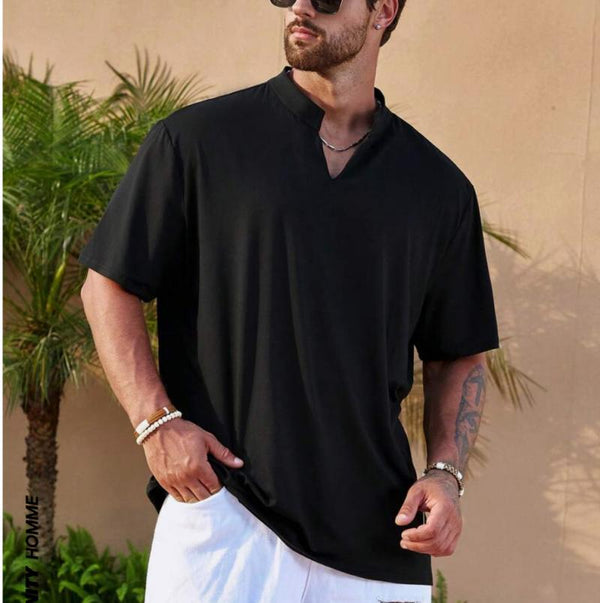 Men's Solid Linen V Neck Short Sleeve Casual Shirt 54745187Z