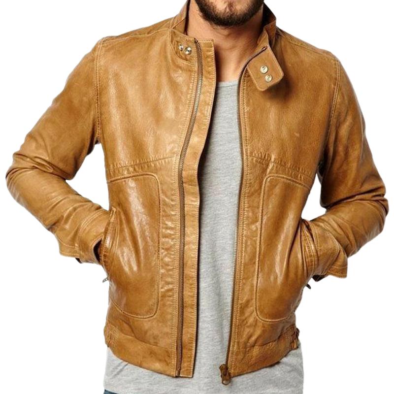 Men's Stand Collar Zipper Leather Jacket 24228788U