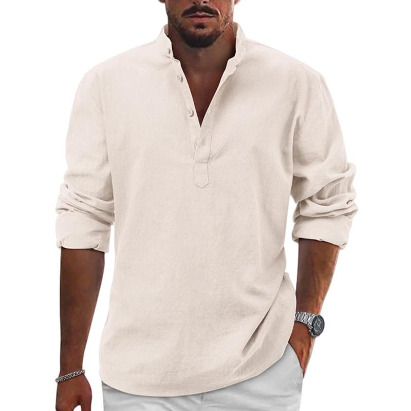 Men's Cotton And Linen Solid Henley Collar Long Sleeve Shirt 37752136Z