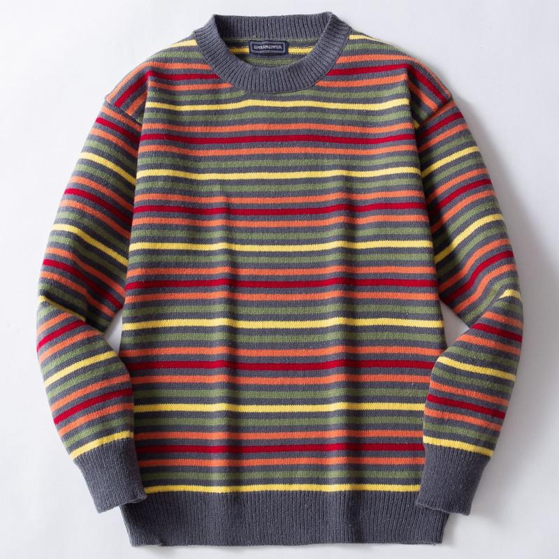 Men's Casual Crew Neck Rainbow Striped Knitted Pullover Sweater 73747415M