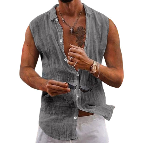 Men's Casual Solid Color Lapel Cotton Linen Sleeveless Shirt 90185192TO