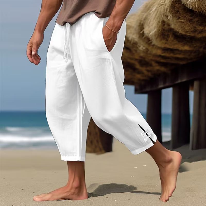 Men's Solid Loose Cotton And Linen Elastic Waist Casual Pants 86557479Z