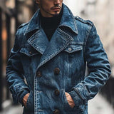 Men's Classic Casual Double Breasted Multi-Length Thigh-Length Denim Jacket 31321137K