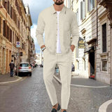 Men's Solid Color Waffle Lapel Long Sleeve Shirt Trousers Casual Set 39523166Z