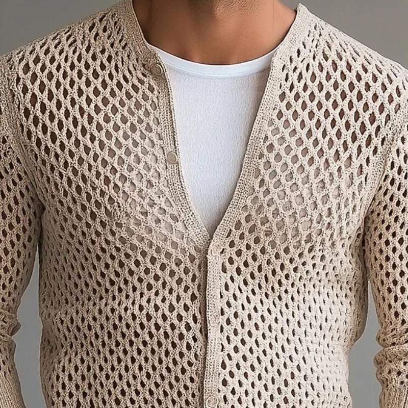 Men's Fashion Solid Color Knit Hollow Crew Neck Cardigan 24757760Y