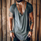 Men's Casual Cotton Blended V Neck Loose Short-sleeved T-shirt 10524924M