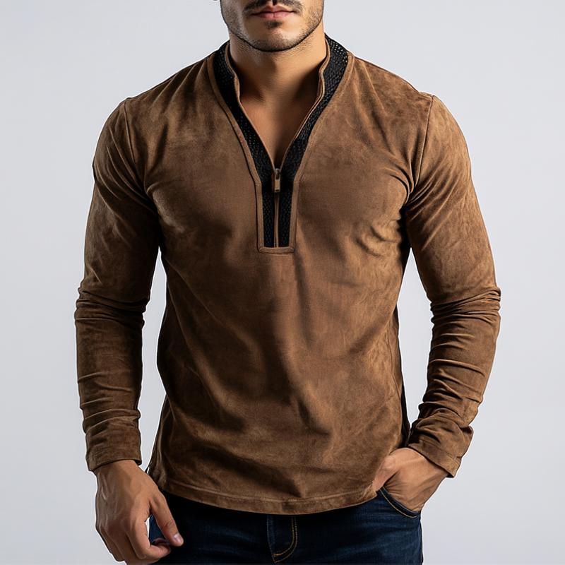 Men's Classic Casual Stitching Leather Stand Collar Suede Long Sleeve POLO Shirt 03510079K