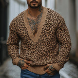 Men's Fashion Leopard Jacquard Deep V Neck Loose Knitted Sweater 33940095M