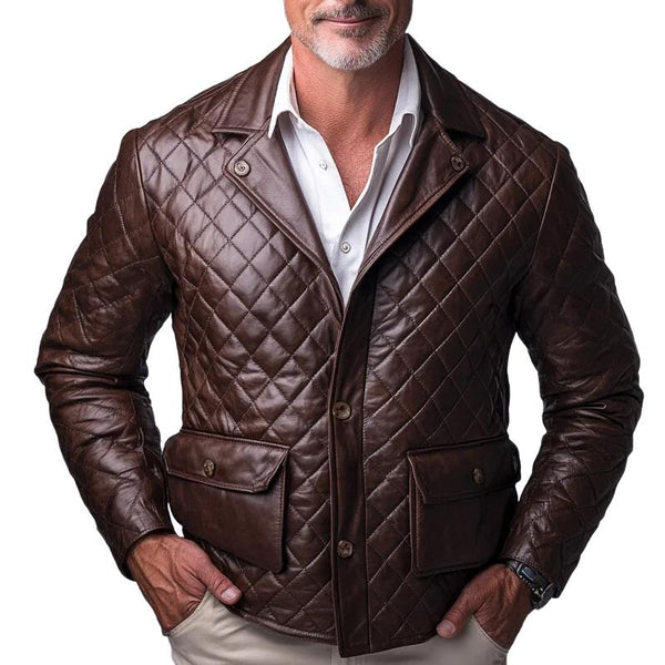 Men's Vintage Solid Quilted Lapel Single Breasted Leather Jacket 26402210Y