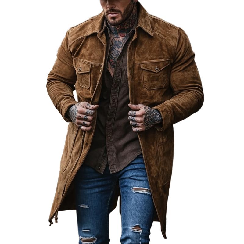 Men's Solid Color Suede Multi-Pocket Mid-Length Windbreaker Trench Coat 59959044Y