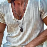 Men's Casual Cotton Linen V-neck Short-sleeved T-shirt 06079081M