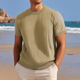 Men's Solid Color Striped Round Neck Short Sleeve Knit T-shirt 09033199Z