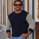 Men's Casual Striped Colorblock Knitted Crew Neck Slim Fit Sweater 07230208Y