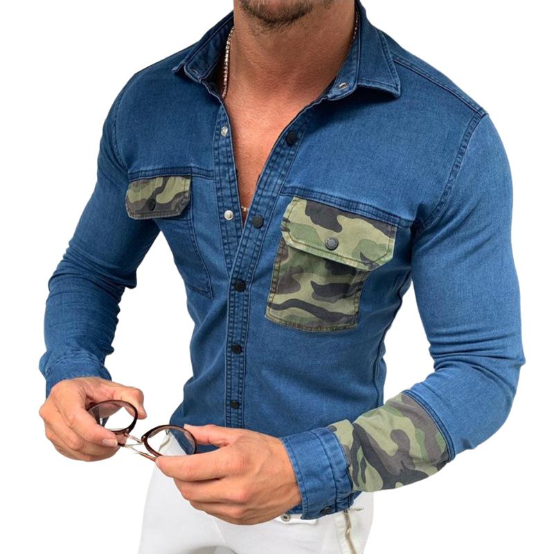 Men's Casual Slim Fit Camouflage Pocket Stitching Denim Shirt 95536667K