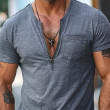 Men's Casual Cotton Blend Zip V-Neck Slim Fit Short Sleeve T-Shirt 42336855M