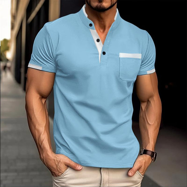 Men's Casual Contrast Color Stand Collar Patch Pocket Slim Fit Short Sleeve T-shirt 60388856M