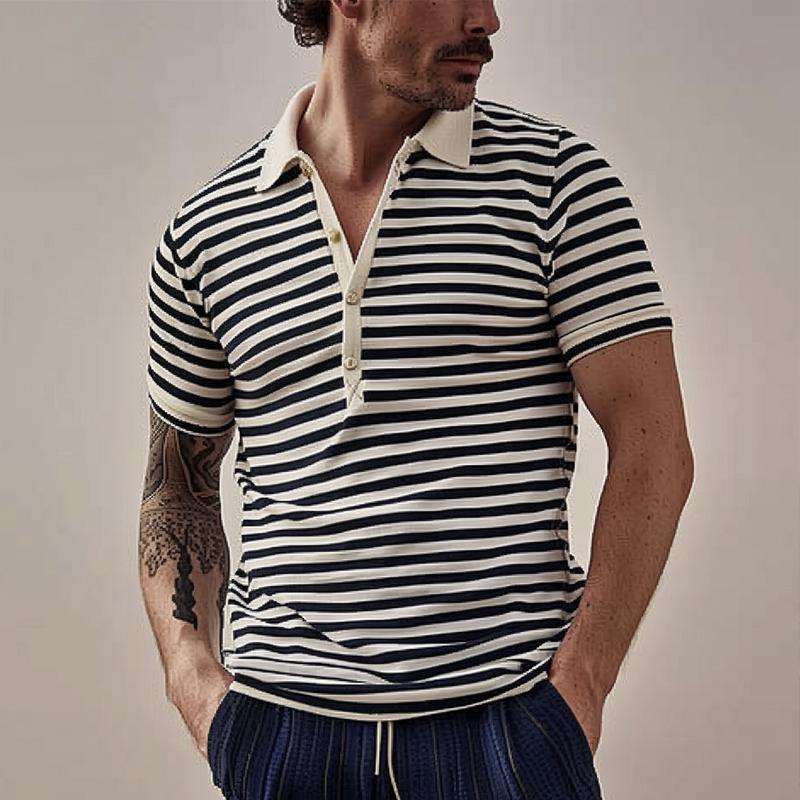 【24-hour shipping】Men's Striped Lapel Short Sleeve Polo Shirt 68617295Z